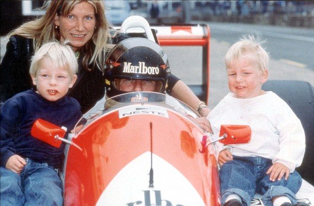 Freddie Hunt on the right, with his brother, Tom, and mother Sarah, on the left, and James Hunt behind the wheel. Source: James Hunt Archives